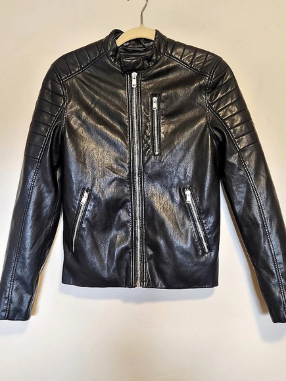 H&M Faux Leather Moto Jacket with Quilted Shoulders